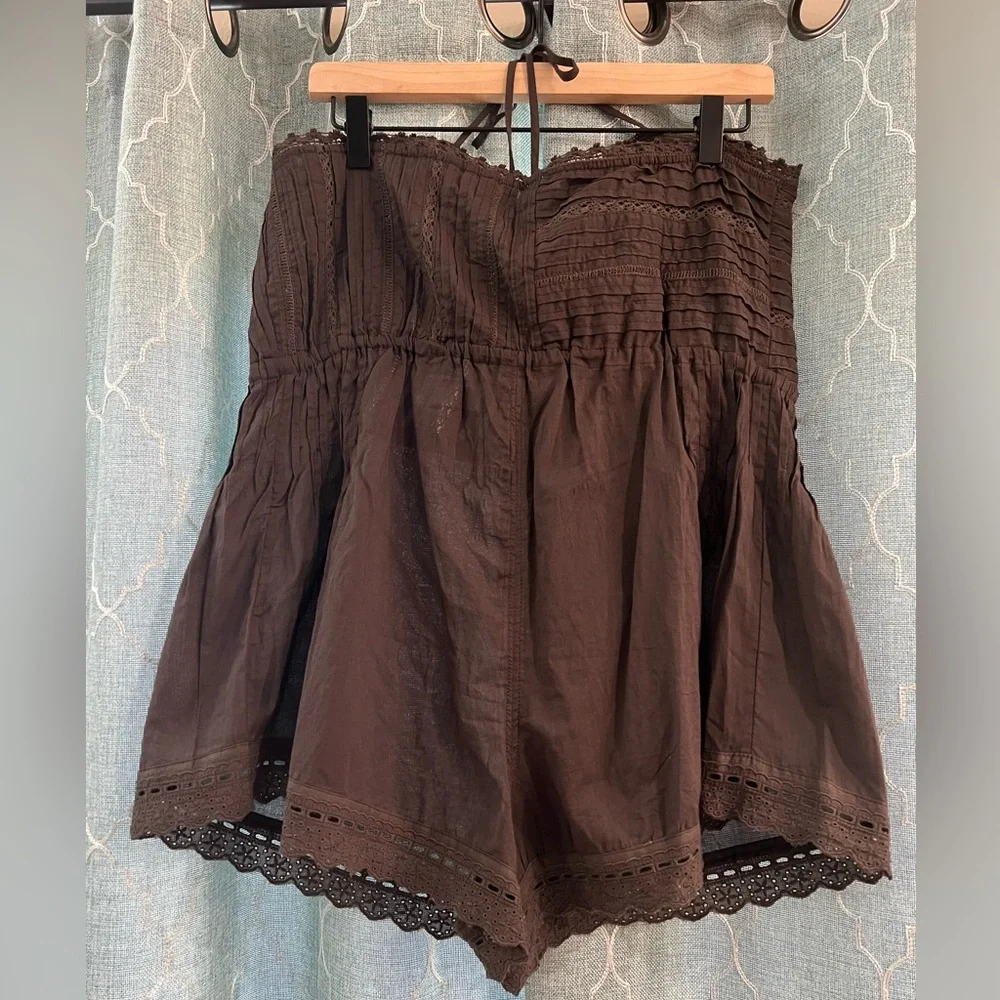 Free People Brown Eyelet Lace-Trim Sleeveless Romper